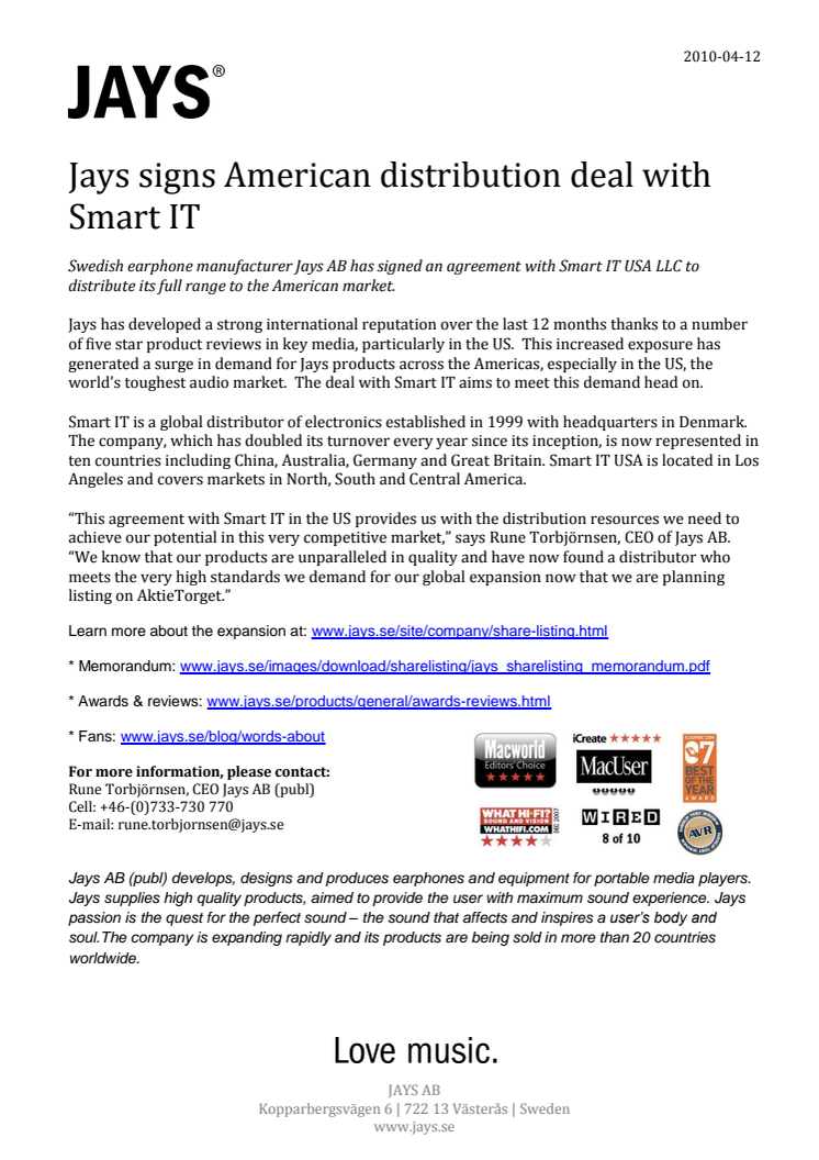 Jays signs American distribution deal with Smart IT
