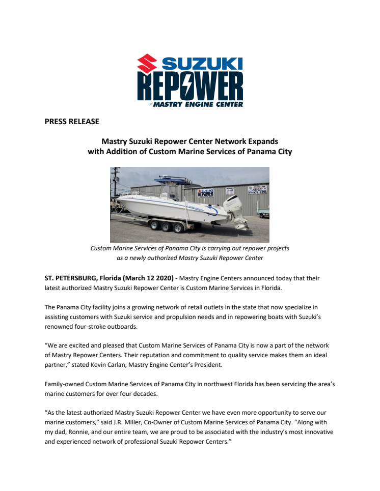 Mastry Suzuki Repower Center Network Expands with Addition of Custom Marine Services of Panama City