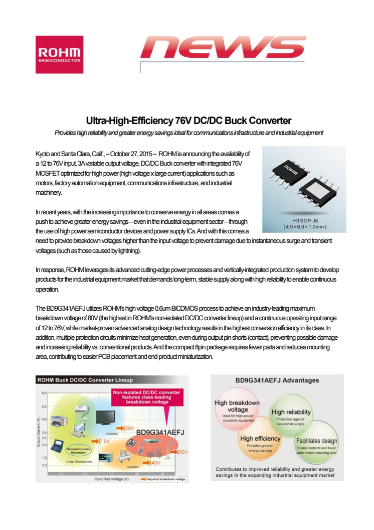 Ultra-High-Efficiency 76V DC/DC Buck Converter -- Provides high reliability and greater energy savings ideal for communications infrastructure and industrial equipment