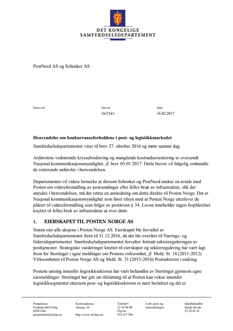 Henvendelse om konkurranseforholdene i post- og logistikkmarkedet