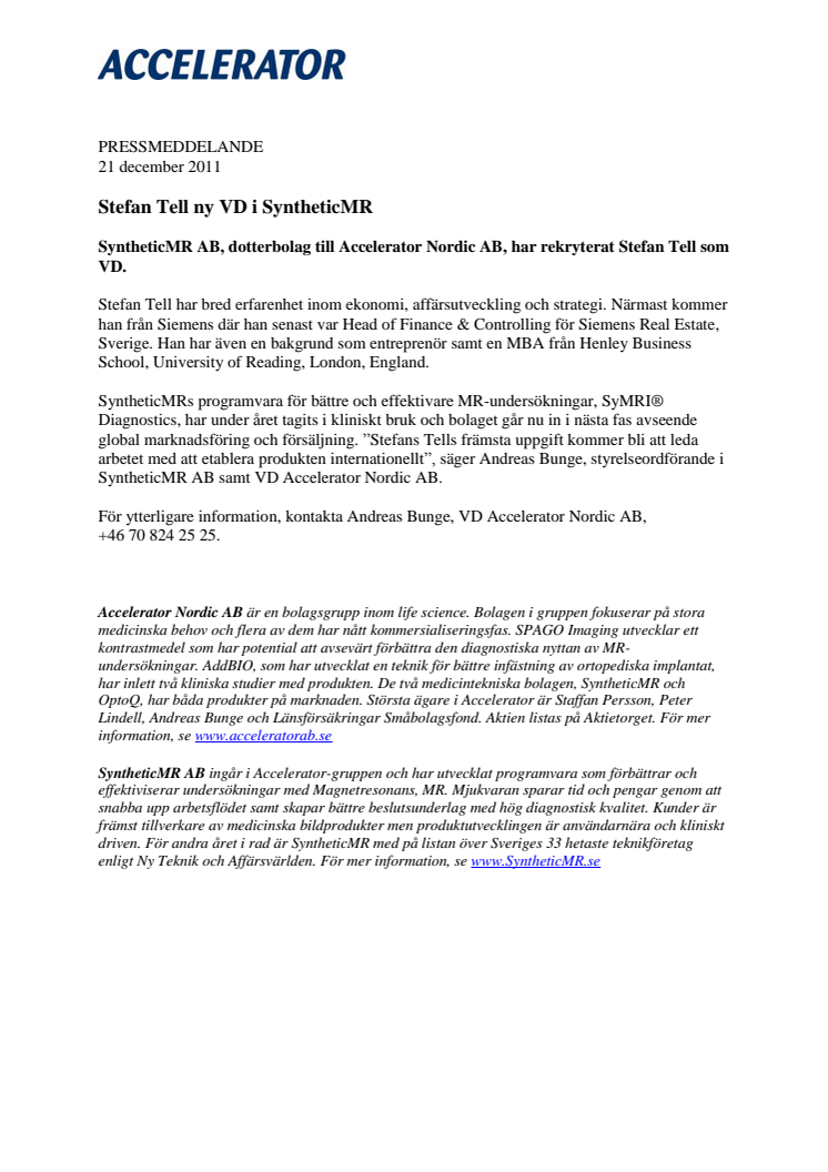 Stefan Tell ny VD i SyntheticMR