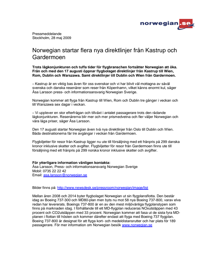 Norwegian startar flera nya direktlinjer från Kastrup och Gardermoen
