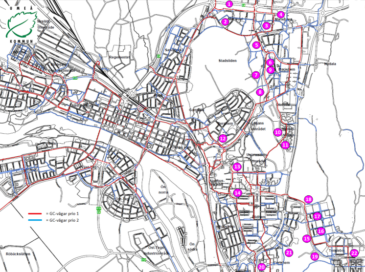 Karta över lagning gång- och cykelvägar 2014