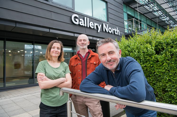 MFA student Celia Burbush, MFA co-Programme Leader Gavin Butt and Deputy Head of Arts, Steve Gilroy, are pictured outside the new-look Gallery North