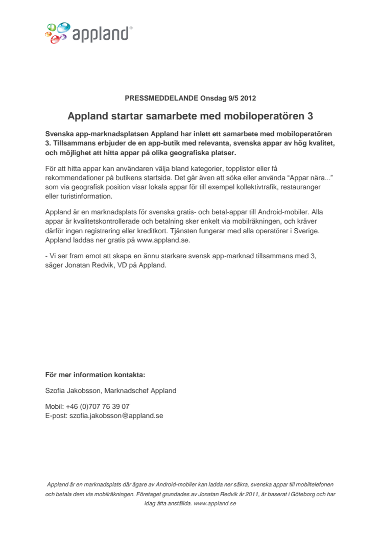 Appland startar samarbete med mobiloperatören 3