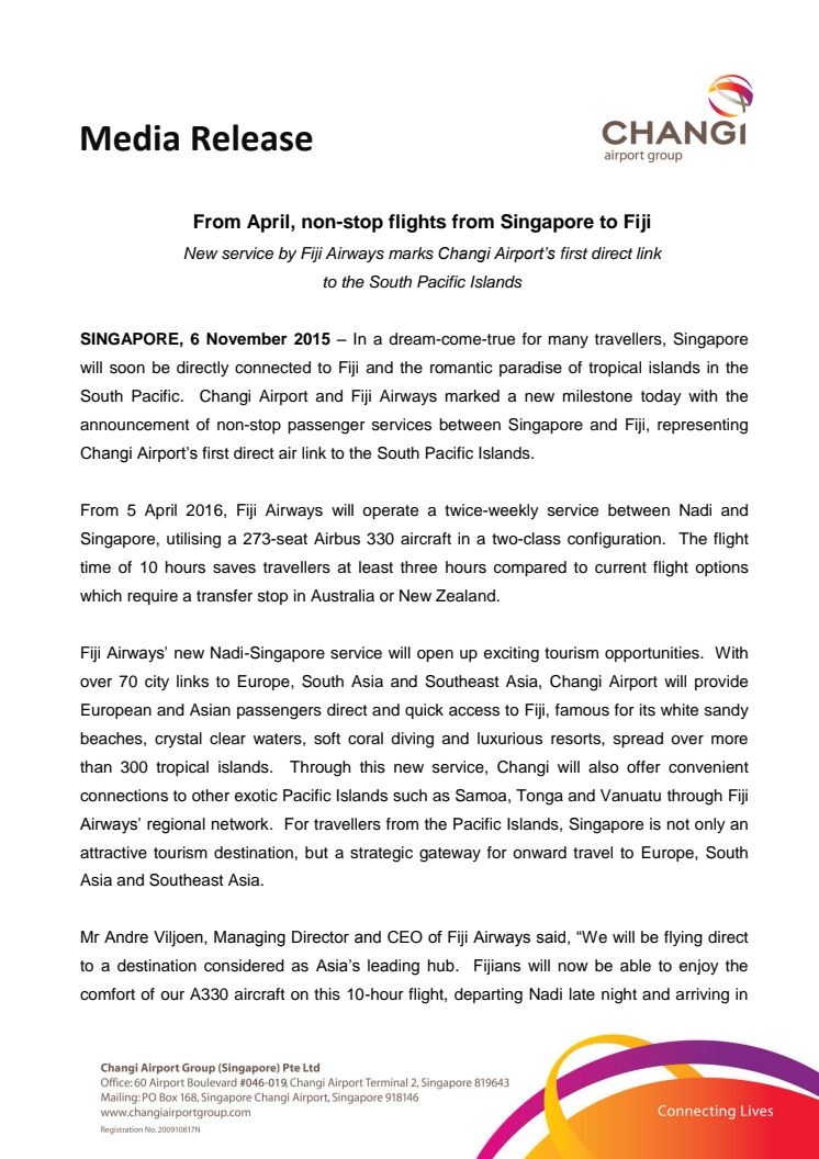 From April, non-stop flights from Singapore to Fiji