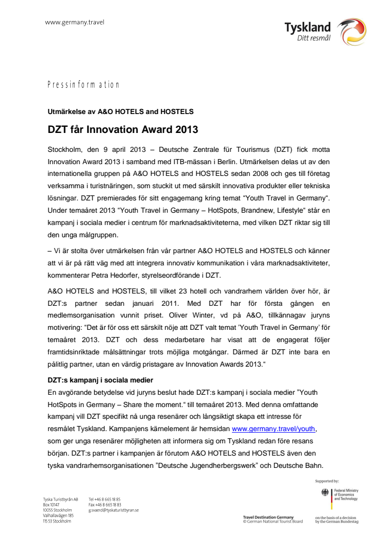 DZT får Innovation Award 2013