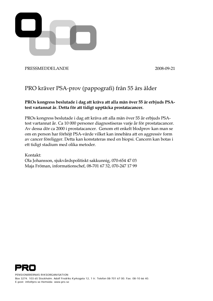 PRO kräver PSA-prov (pappografi) från 55 års ålder