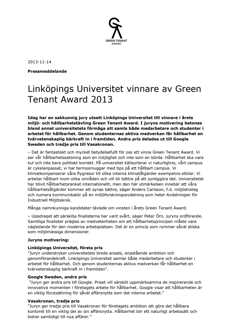 Linköpings Universitet vinnare av Green Tenant Award