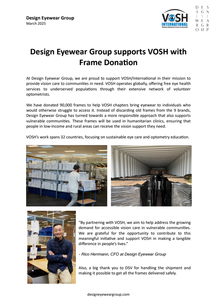 Design Eyewear Group supports VOSH with frame donation