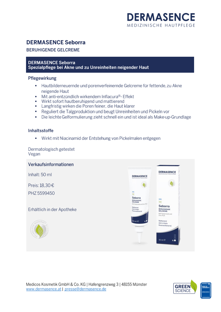 Factsheet AT: DERMASENCE Seborra Beruhigende Gelcreme