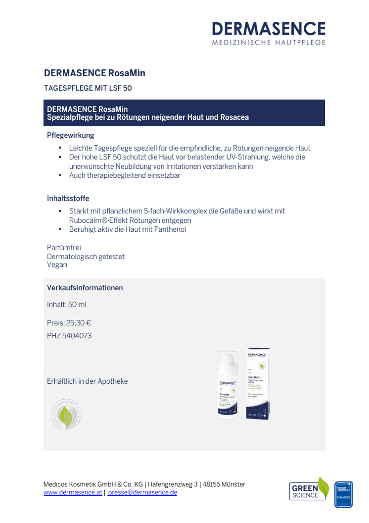 Factsheet AT: DERMASENCE RosaMin Tagespflege mit LSF 50