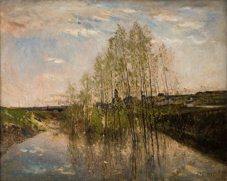 Carl Fredrik Hill, Flodlandskap I, Champagne, omkring 1877. Olja på duk, 64 x 82 cm Svenska Akademien