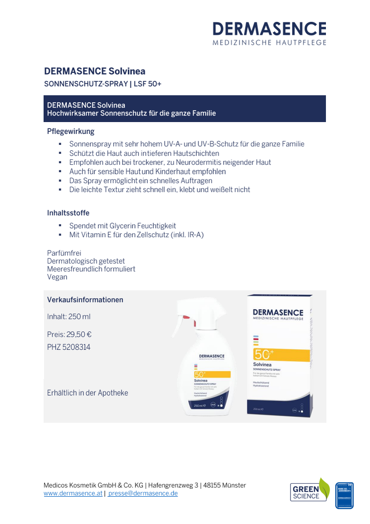 Factsheet AT: DERMASENCE Solvinea Spray LSF 50+