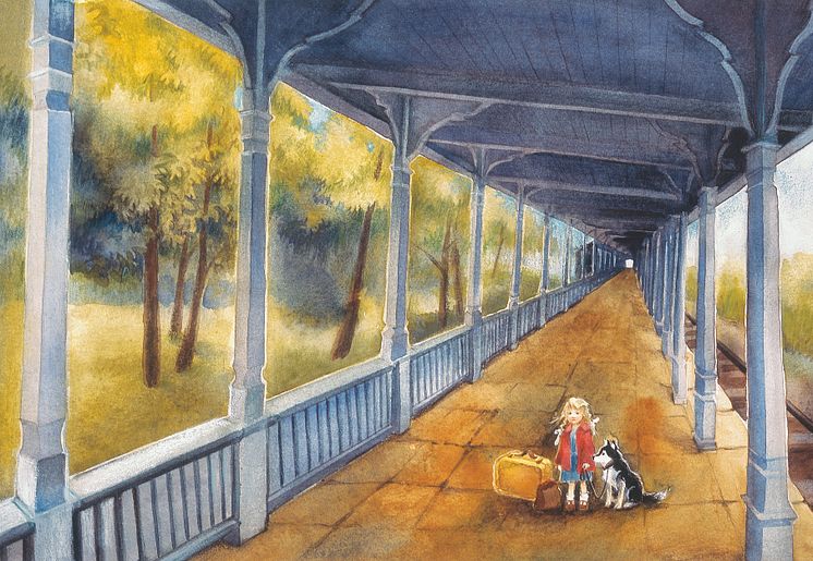 Ilon Wikland, Omslagsbild till Den långa, långa resan, 1995, Akvarell och gouache på papper, 44 x 58 cm (med ram), Ilon´s Wonderland, Haapsalu, Estland, Illustration