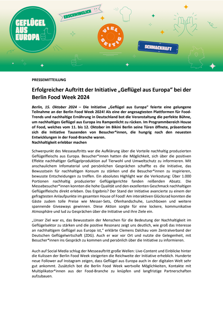 Presse-Information - Geflügel aus Europa: Erfolgreicher Auftritt der Initiative „Geflügel aus Europa“ bei der Berlin Food Week 2024 