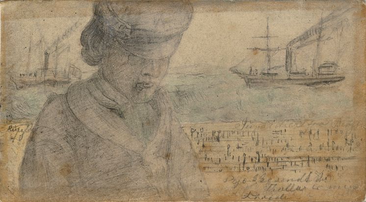 Lars Hertervig, Antatt selvportrett, 1858. Blyerts och akvarell på papper, 6 x 11 cm.