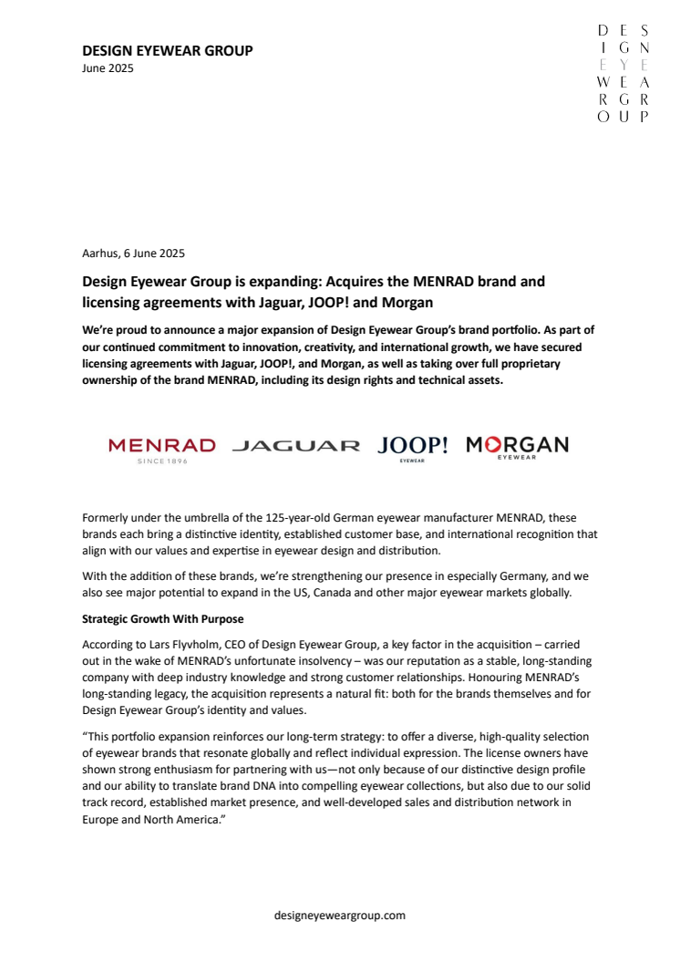 Design Eyewear Group is expanding: Acquires the MENRAD brand and licensing agreements with Jaguar, JOOP! and Morgan 