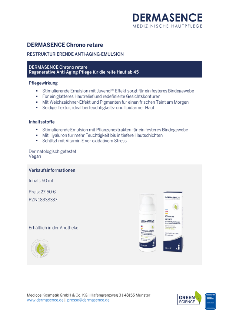 Factsheet DE: DERMASENCE Chrono retare Restrukturierende Anti-Aging-Emulsion
