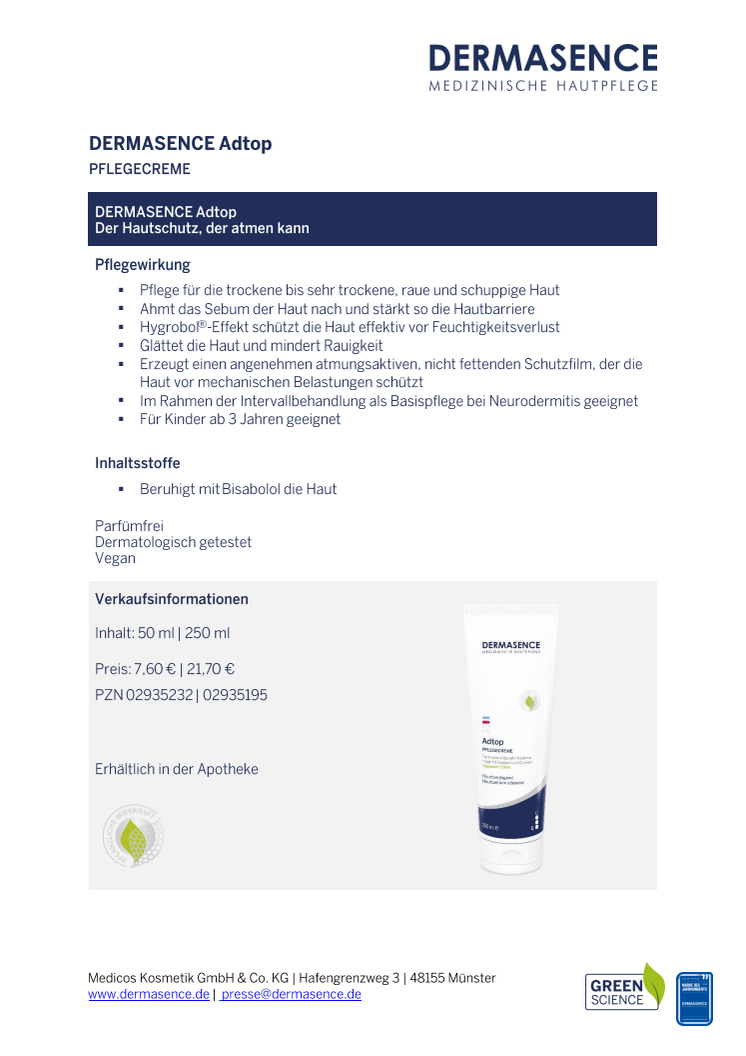 Factsheet DE: DERMASENCE Adtop Pflegecreme 50 ml - 250 ml