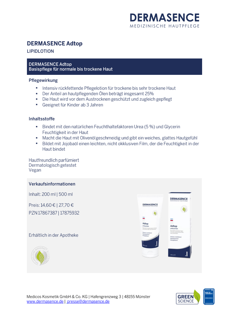 Factsheet DE: DERMASENCE Adtop Lipidlotion 200 ml - 500 ml