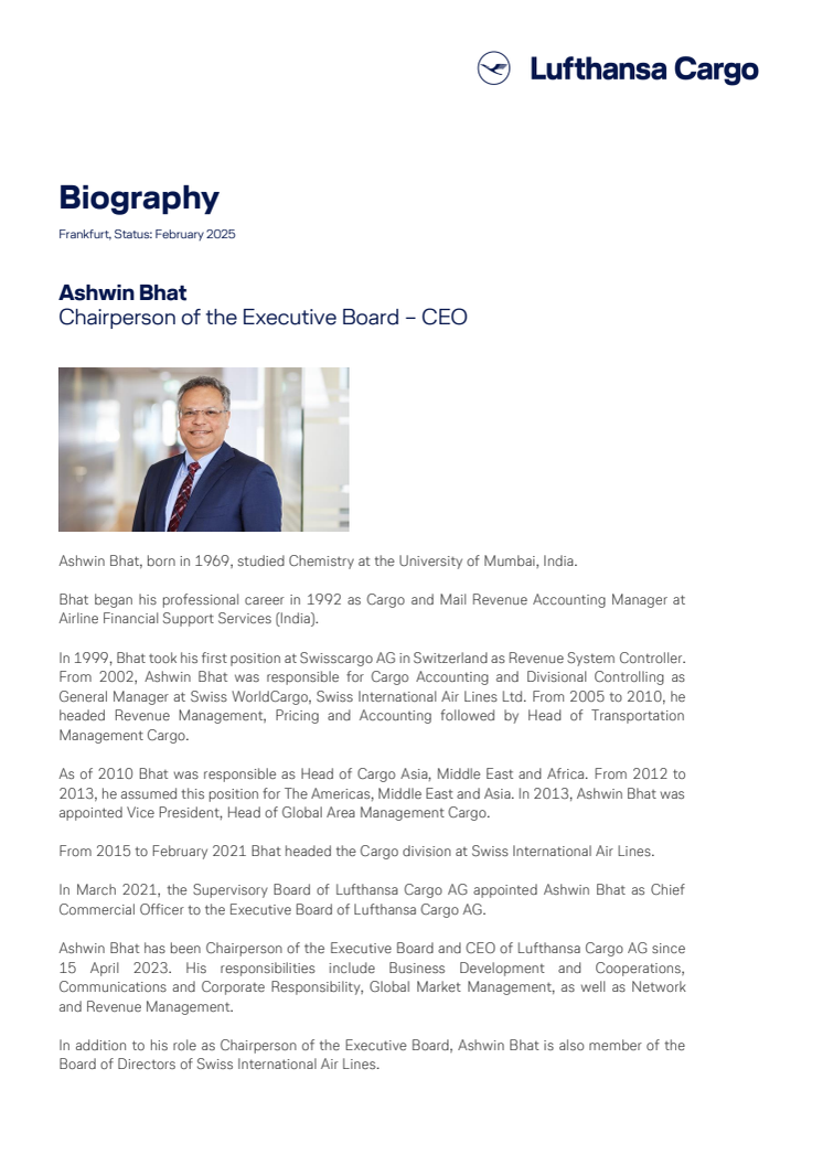 Biography Ashwin Bhat - CEO Lufthansa Cargo AG