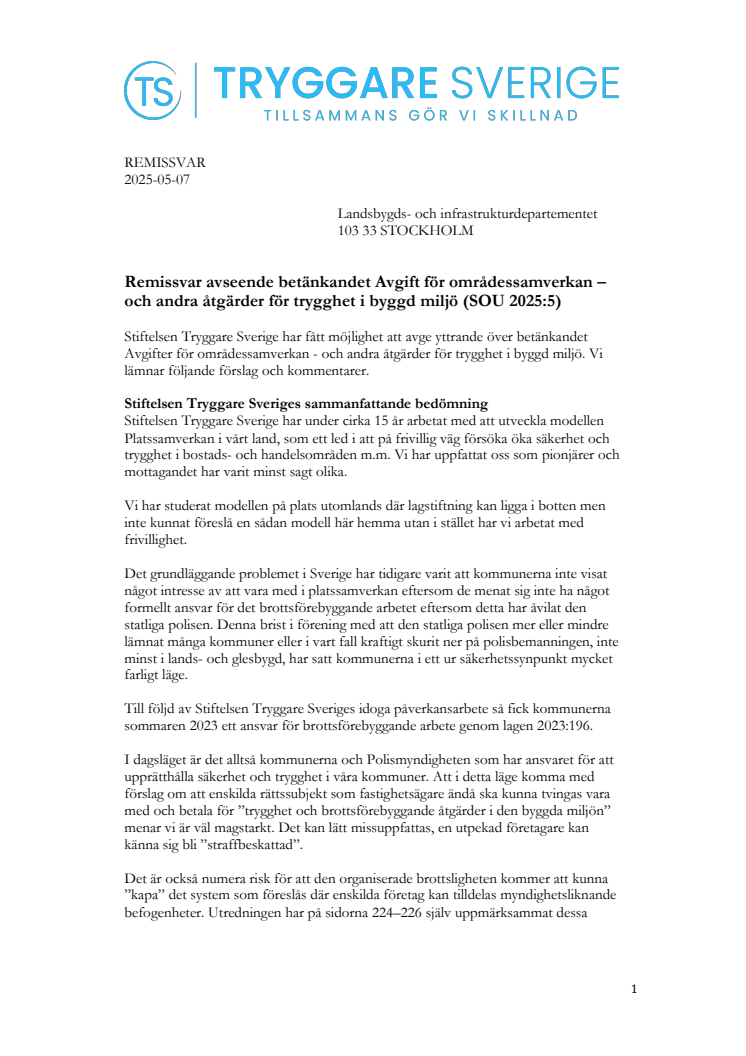 Remissvar avseende betänkandet Avgift för områdessamverkan (SOU 2025:5)