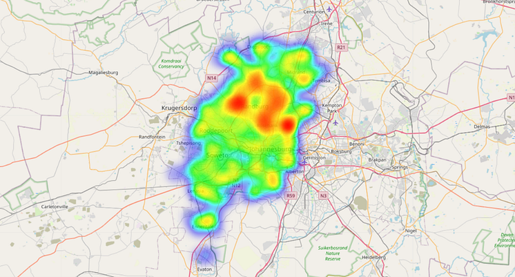 Heatmap showing concentration of potholes repaired by the Pothole Patrol in Gauteng.png