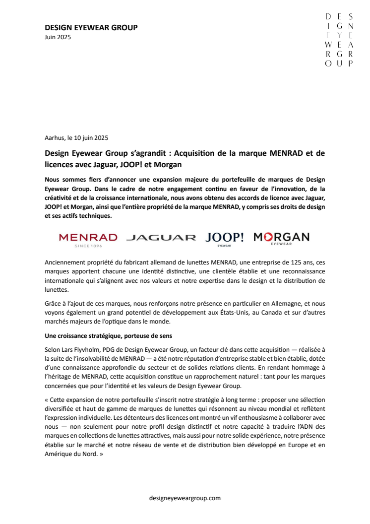 Design Eyewear Group s’agrandit : acquisition de la marque MENRAD et de licences avec Jaguar, JOOP! et Morgan
