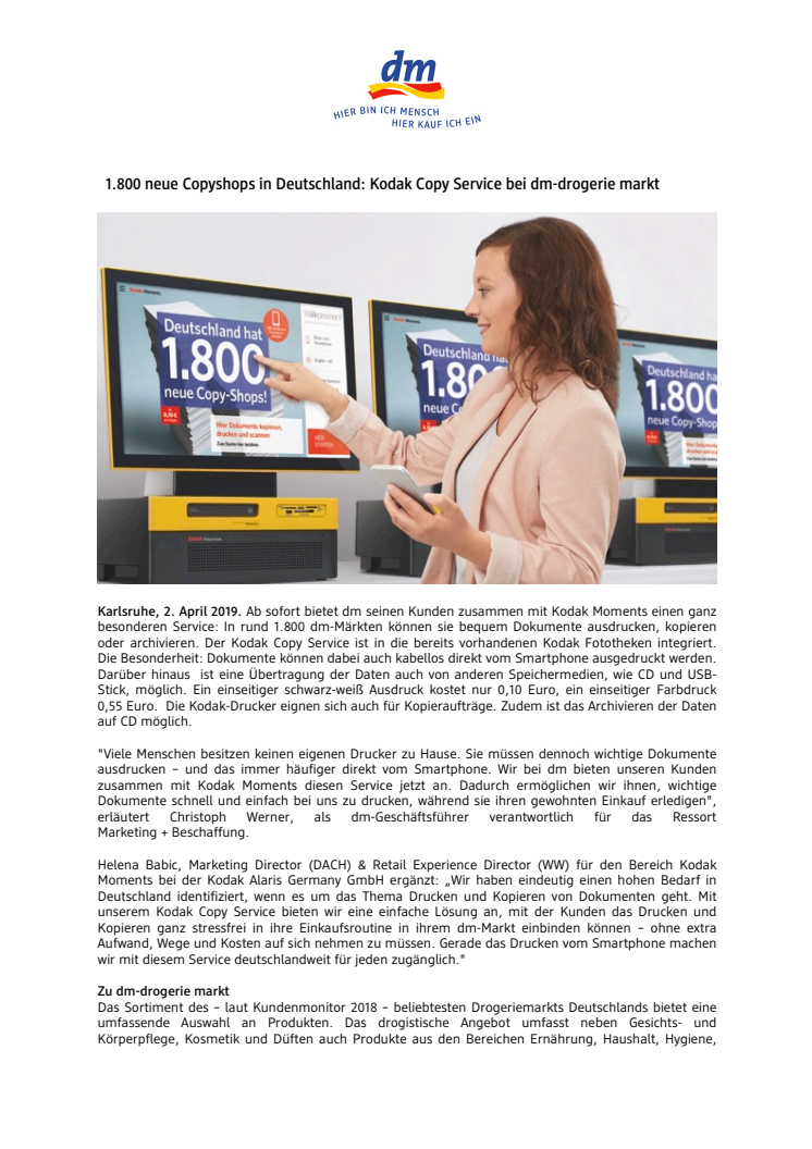 1.800 neue Copyshops in Deutschland: Kodak Copy Service bei dm-drogerie markt