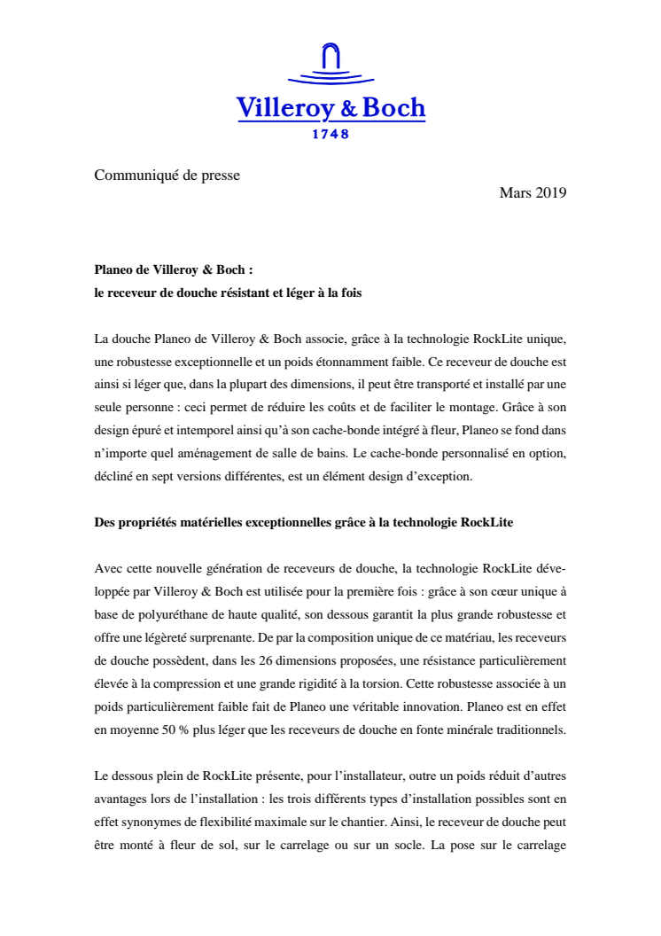 Planeo de Villeroy & Boch :  le receveur de douche résistant et léger à la fois