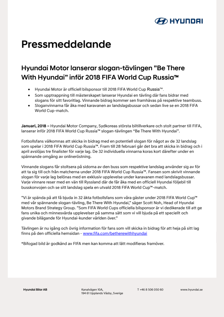 Hyundai Motor lanserar slogan-tävlingen ”Be There  With Hyundai” inför 2018 FIFA World Cup Russia™