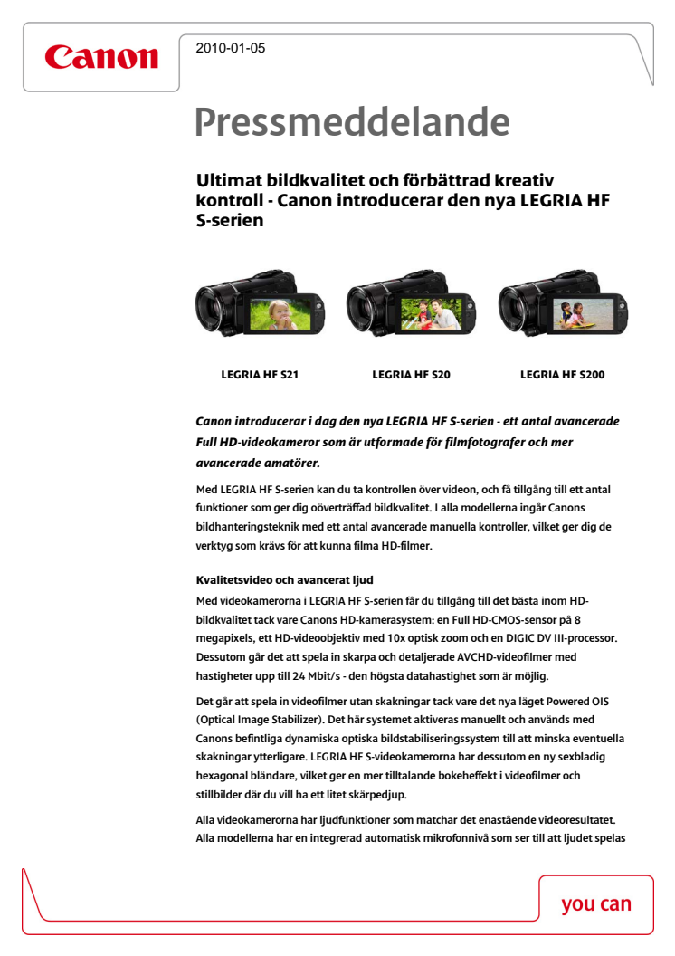 Ultimat bildkvalitet och förbättrad kreativ kontroll - Canon introducerar den nya LEGRIA HF S-serien