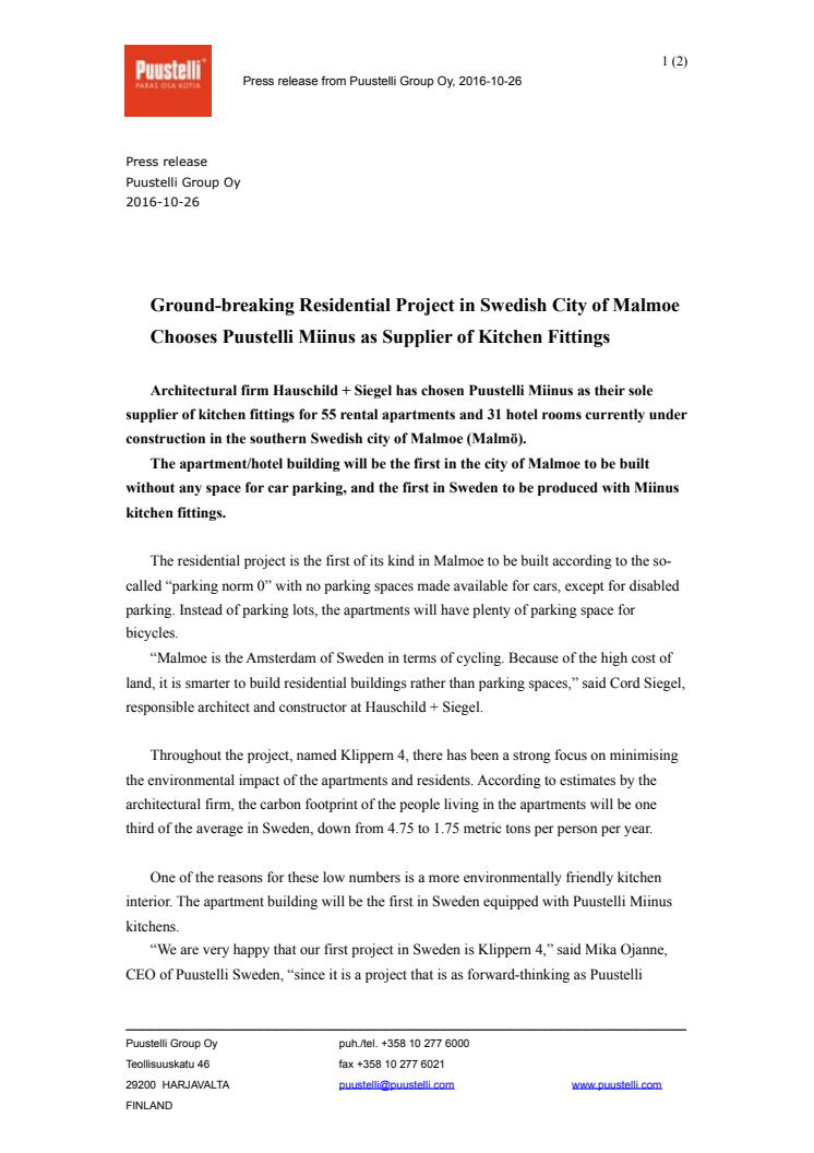 Ground-breaking Residential Project in Swedish City of Malmoe - Chooses Puustelli Miinus as Supplier of Kitchen Fittings