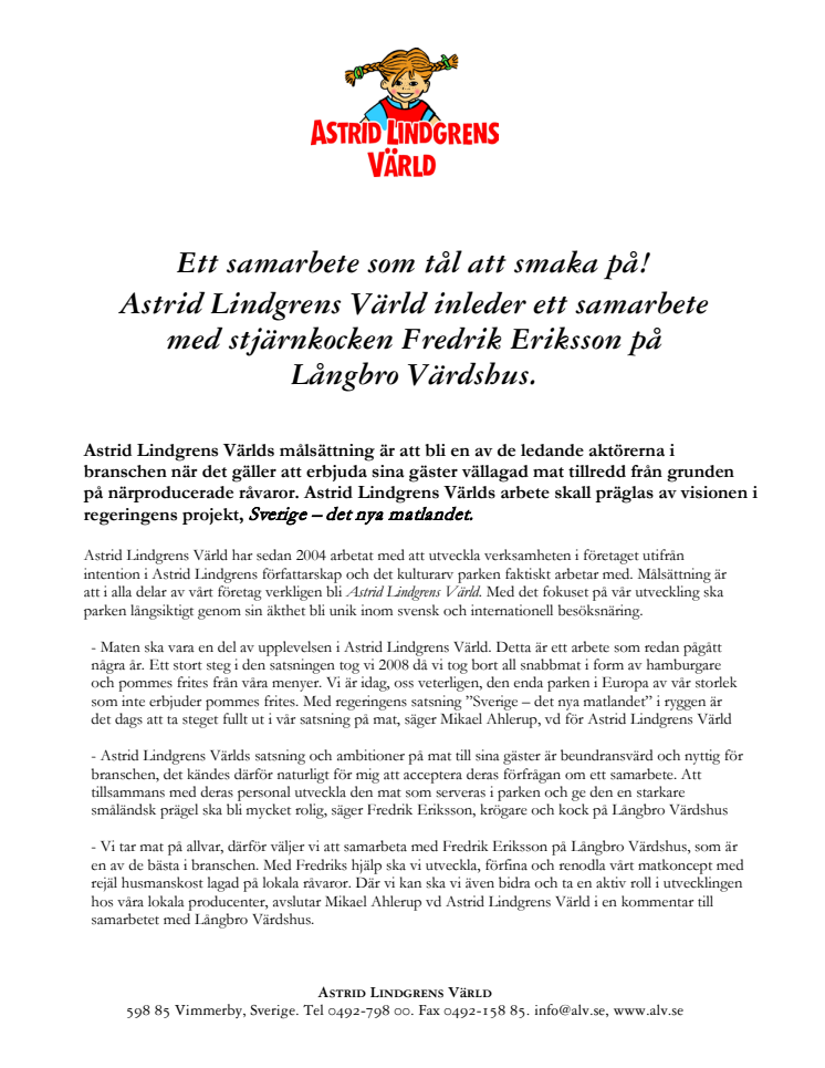 Astrid Lindgrens Värld inleder samarbete med stjärnkocken och krögaren Fredrik Eriksson!