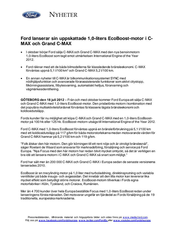 Ford lanserar sin uppskattade 1,0-liters EcoBoost-motor i C-MAX och Grand C-MAX