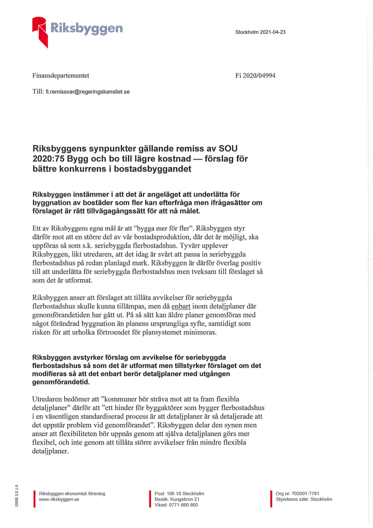 Riksbyggen remissvar av SOU 2020:75