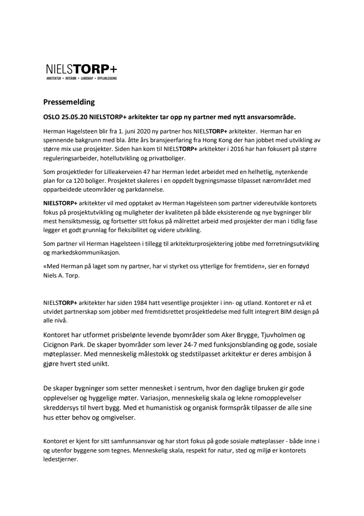OSLO 01.06.20 NIELSTORP+ arkitekter tar opp ny partner med nytt ansvarsområde.