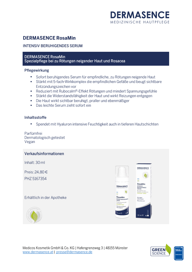 Factsheet AT:DERMASENCE RosaMin Intensiv beruhigendes Serum