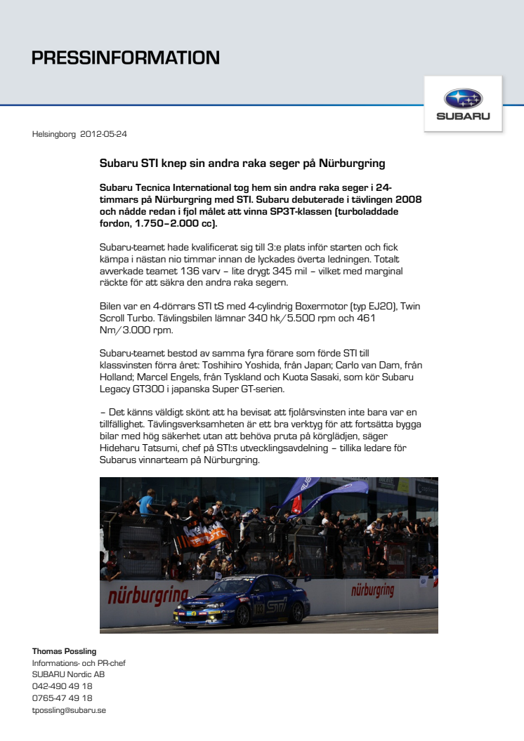 Subaru STI knep sin andra raka seger på Nürburgring
