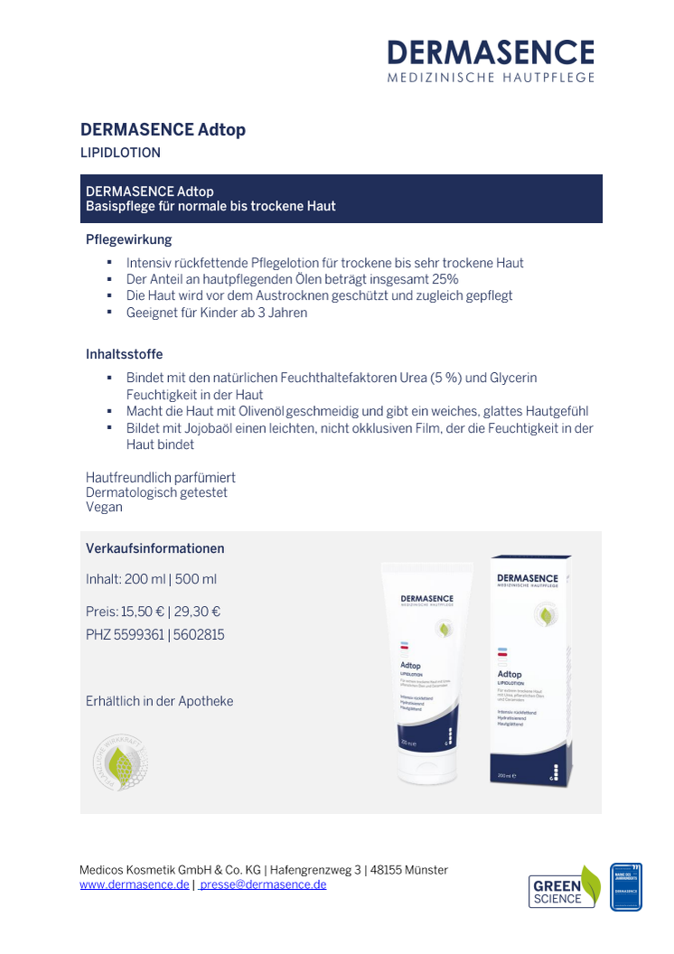 Factsheet AT: DERMASENCE Adtop Lipidlotion 200 ml - 500 ml