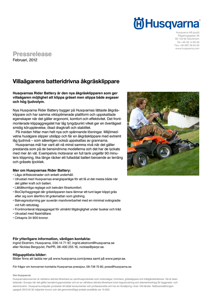 Villaägarens batteridrivna åkgräsklippare
