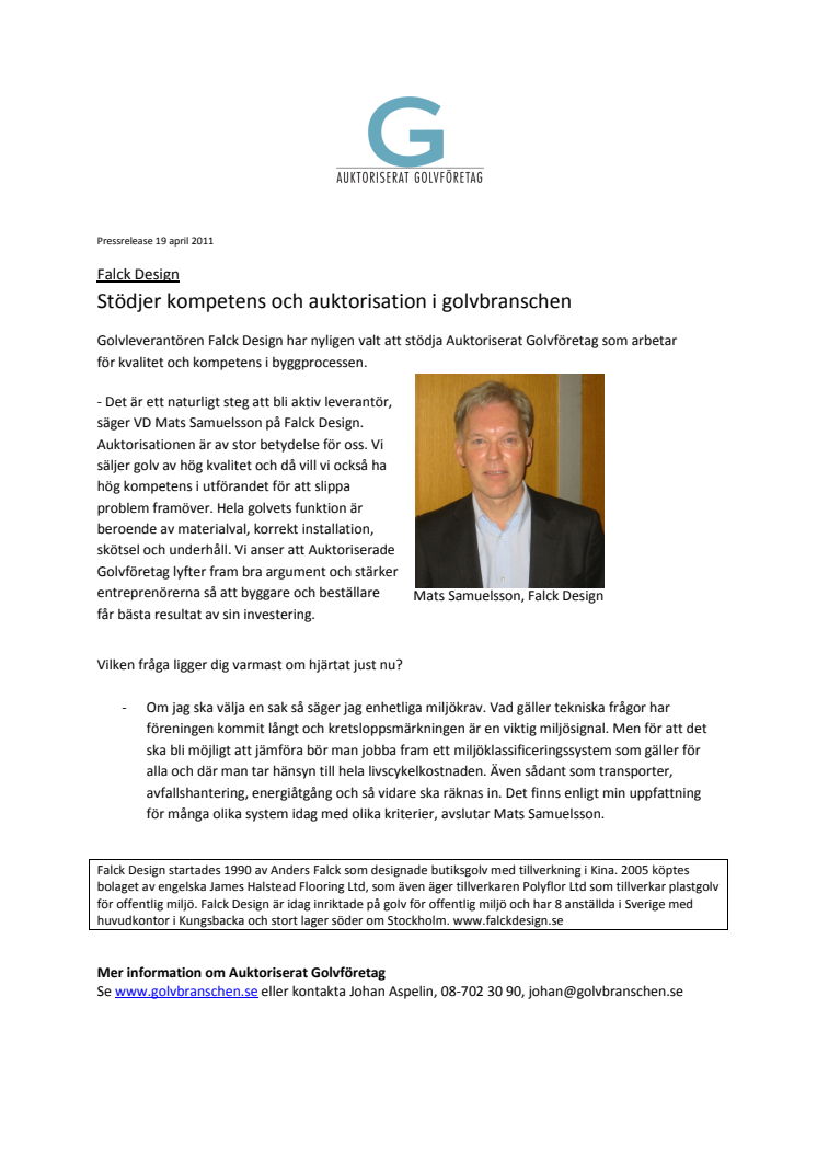Falck Design; Stödjer kompetens och auktorisation i golvbranschen