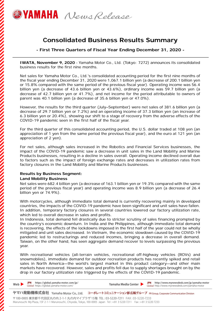 Consolidated Business Results Summary　- First Three Quarters of Fiscal Year Ending December 31, 2020 -