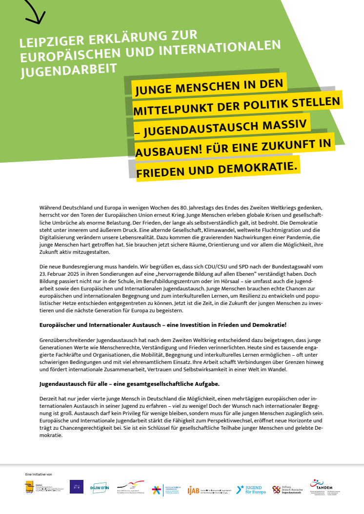 Leipziger Erklärung zur Internationalen Jugendarbeit: Junge Menschen in den Mittelpunkt rücken