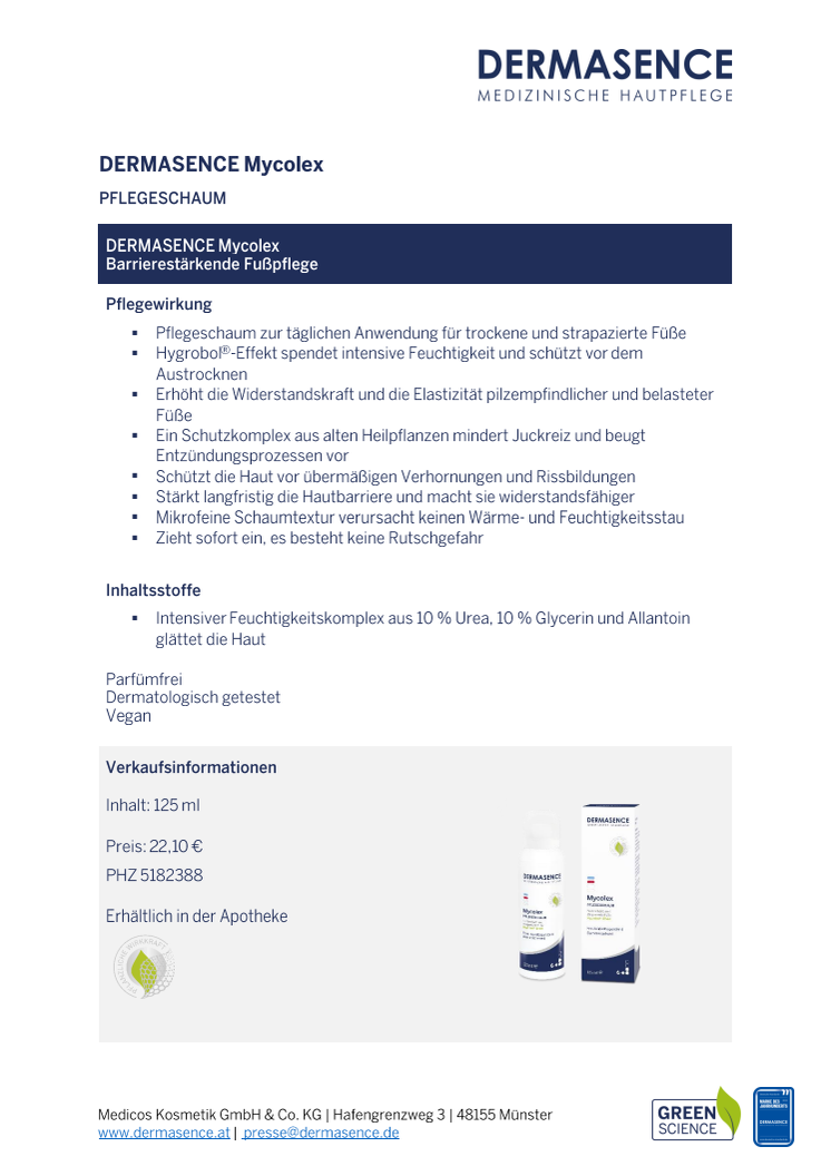 Factsheet AT: DERMASENCE Mycolex Pflegeschaum