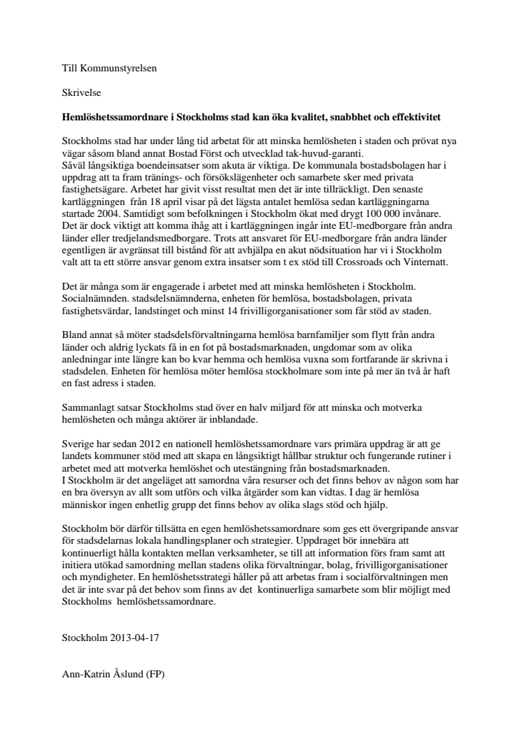 Åslund (FP): Stockholm behöver en egen hemlöshetssamordnare