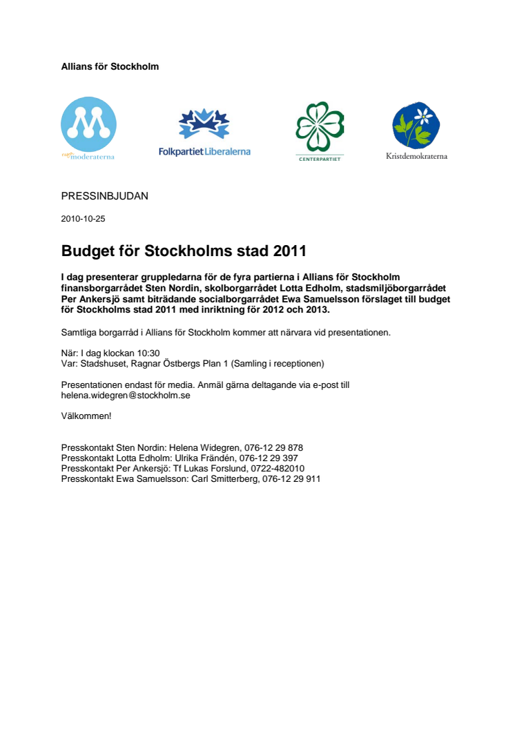 Pressinbjudan I DAG: Budget för Stockholms stad 2011