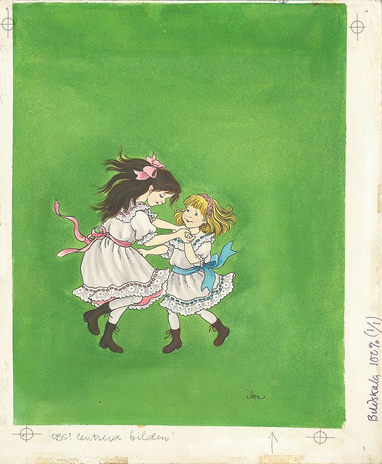 Ilon Wikland, Omslaget till Madicken och Junibackens Pims, 1976. Gouache och tusch på kartong, 32,4 x 25,8 cm. Foto: Göteborgs konstmuseum / Hossein Sehatlou. © Design Ilon Wikland AB. Madicken: TM och © The Astrid Lindgren Company