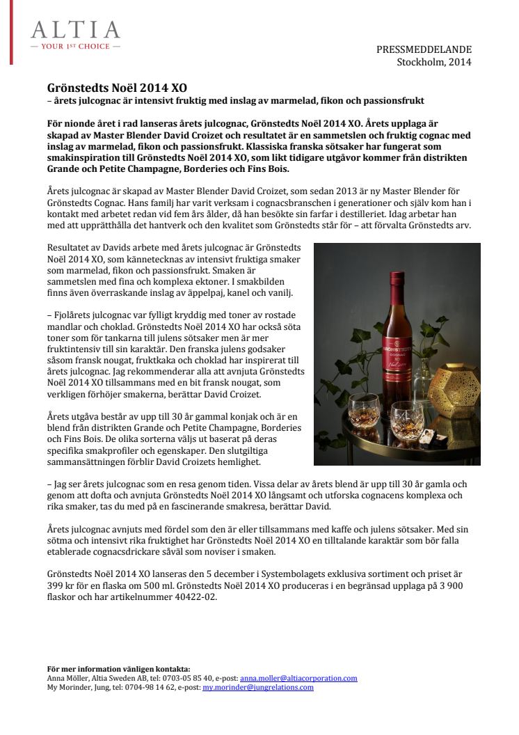 Grönstedts Noël 2014 XO – årets julcognac är fruktig med inslag av marmelad, fikon och passionsfrukt